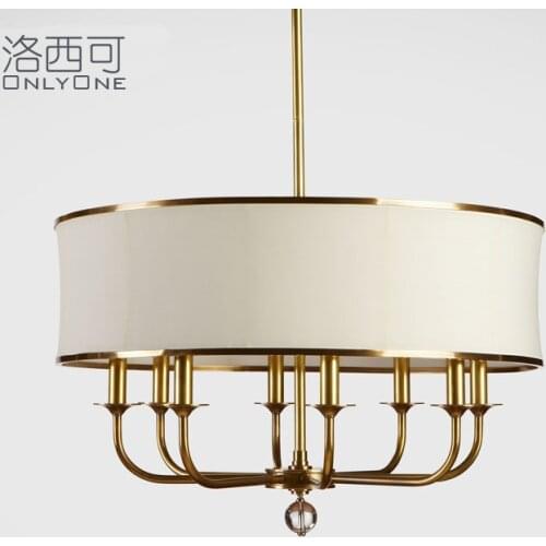 American bedroom lamp warm and modern simple personality room cloth lampshade restaurant study copper pendant lamp