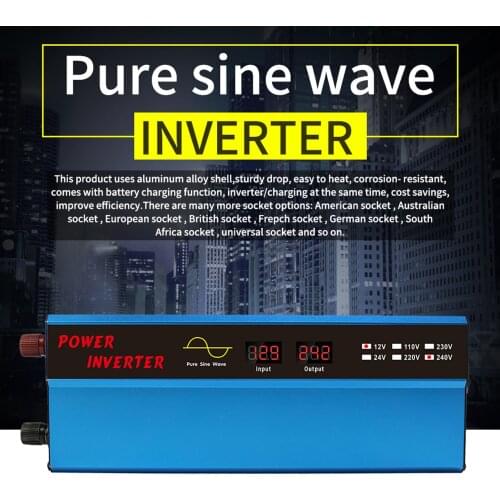Pure Sine Wave 1000W 2000Watt Car Power Inverter Converter DC 12V to 220V AC with 1 AC Outlets 2x6A USB Ports LCD Display