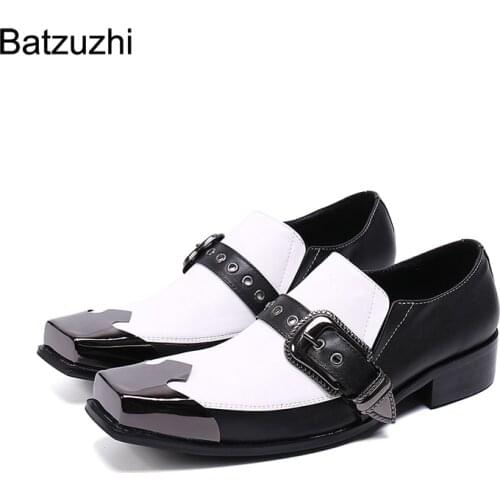 Batzuzhi Formal Business Leather Dress Shoes Men Square Toe Mens Shoes Black and White Leather Party and Wedding Shoes Men