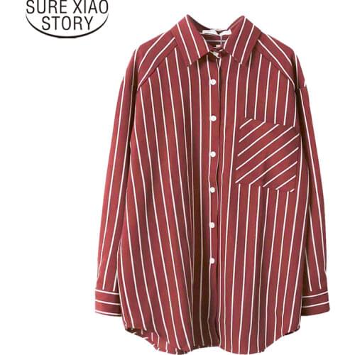 New Turn-down Collar Pocket Long Sleeve White Blouses Autumn Striped Shirts women Tops Casual Loose fashion Ladies Tops 12574