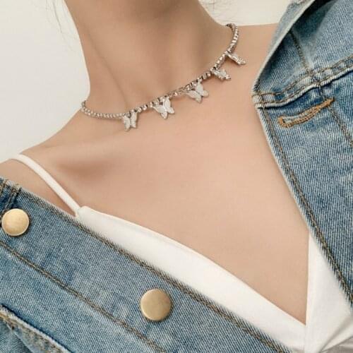 Geometric Zircon Butterfly Choker Necklace Simple Inlaid Zircon Small Butterfly Tassel Necklace Jewelry for Women