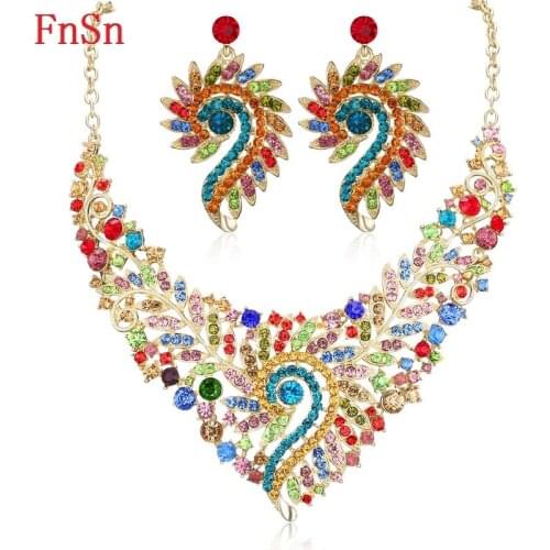 Fnsn Hot New Jewelry Set Crystal Choker Necklace Set Women Party Gift Gold Color Colorful Necklace Earring Fashion Jewelry Sale