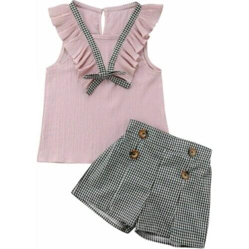 2PCS Toddler Kids Baby Girl Summer Sleeveless Clothes T-shirt Tops+Plaid Shorts Pants Outfits Set 2-7Y