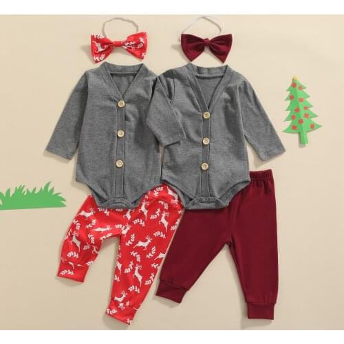 FOCUSNORM Christmas Newborn Baby Boys Gentlemen Clothes Sets 3pcs 0-24M Solid Single Breasted Romper+Deer Print Pant Headband