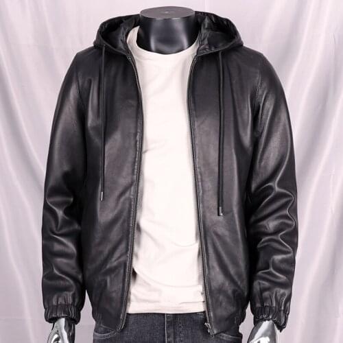 Mens Natural Genuine Sheepskin Leather Jacket Fashion Slim Motorcycle Suit Black Short Hooded Sheepskin Jacket Large Size 2XL
