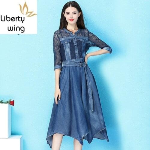 Summer Harajuku Irregular A-Line Denim Dresses With Belt Women Mid Long Lace Spliced Fashion Party Dress Office Lady Elegant New