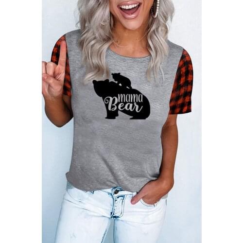 Summer Mama Bear Letter Print Red Plaid Short Sleeve Tee Short Sleeve O-neck Casual Womens Tops T-shirts Graphic