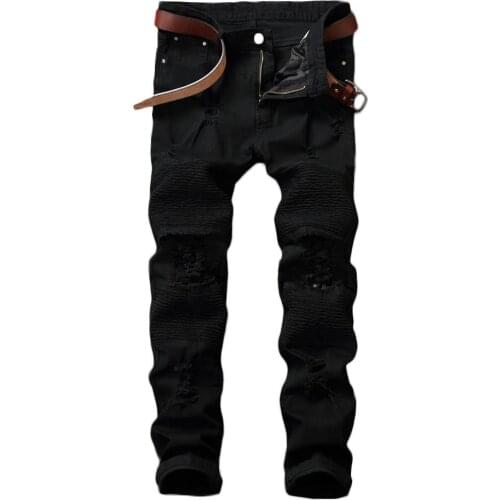 Fashion Biker Men Slim Ripped Hole Jeans Solid Color Skinny Straight Trousers Pants