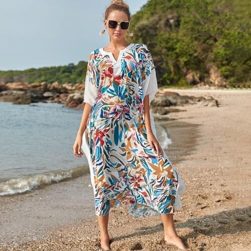 Bikini Cover-ups Bohemian Print Summer Dress Beach Tunic Women Beachwear Kaftan Swimsuit Cover Up Q1176