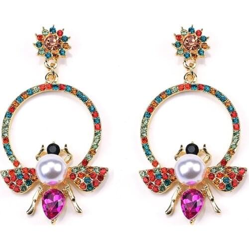 Luxury Rhinestone Circle Geometric Statement Earrings Women Fashion Cute Bee Pendants Drop Earrings Femme Long Earring Jewelry