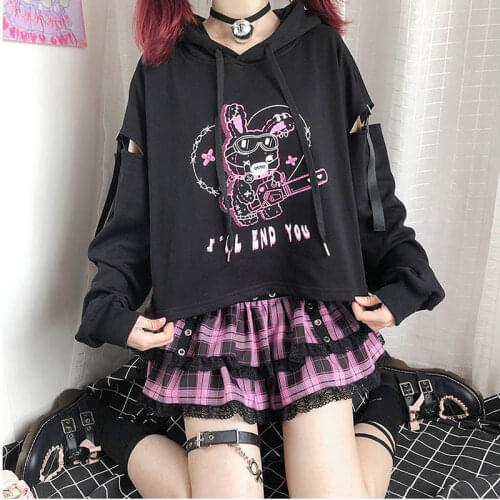 Autumn/winter New Style Early Female College Style Dark Black Hooded Short Hoodie Stitching Belt Hollow Sleeve Hoody