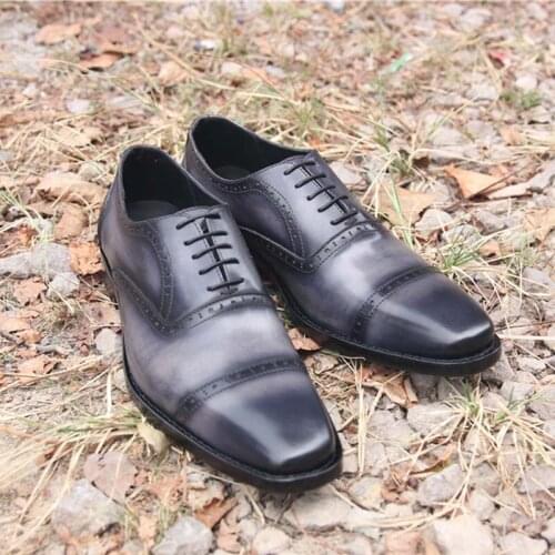 Sipriks Italian Patina Gray-Black Oxfords Mens Calfskin Dress Shoes Classic Retro Brogues Shoes Handmade Leather Outsoled Plus