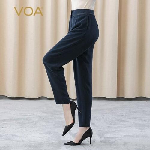 VOA Heavy Silk Sand Washed 30m/m Navy Blue Side Pocket Natural Waist One Button Soft Waxy Wild Harem Pants Wpmen KE275