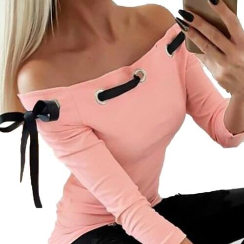 Autumn Women Off Shoulder Tops T Shirts Hot Sale Long Sleeve Solid Casual T-Shirts for Women Clothing Fashion Sexy Slim T-Shirts