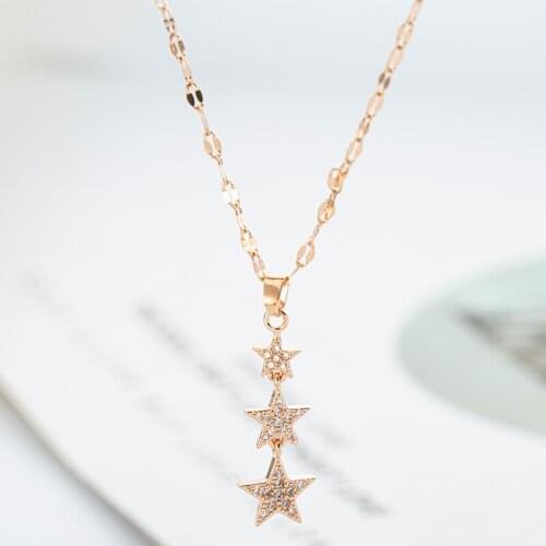 New Fashion Luxury Zircon Crystal Three Stars Pendant Women Necklaces Female No Fade Stainless Steel Wedding Party Jewelry Gift