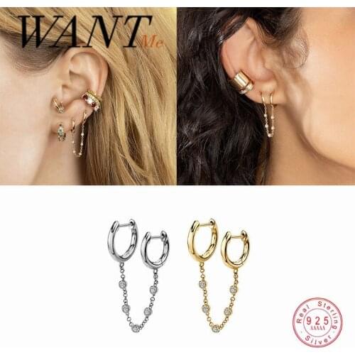 WANTME Trendy Pave Round Zircon Cuban Link Chain Tassel Ear Buckle for Women Real 925 Sterling Silver Bohemian Earrings Jewelry