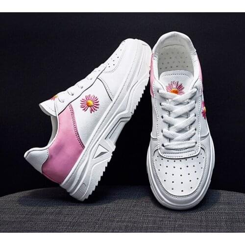 2020 Women Sneakers Fashion Breathble Vulcanized Shoes Pu leather Platform Lace up Casual White Floral Basic Spring/Autumn
