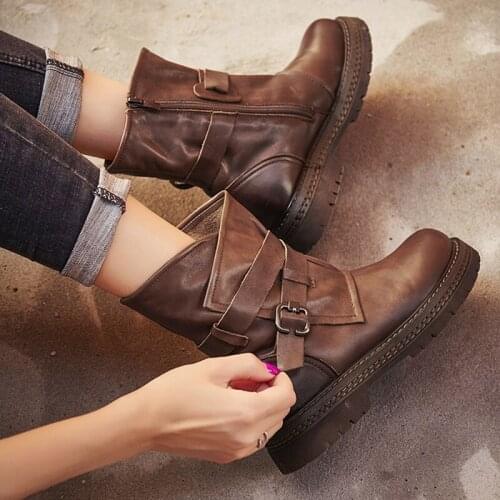 2021 Fashion Women Winter Boots Leather Retro Handmade Cowhide Boots Warm Mid-tube Buckle Platform Shoes for Women Snow Boots
