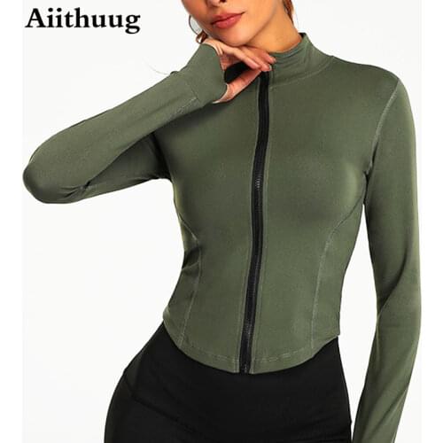 Aiithuug Women Full Zip-up Yoga Top Workout Running Jackets with Thumb Holes Stretchy Fitted Long Sleeve Crop Tops Activewear
