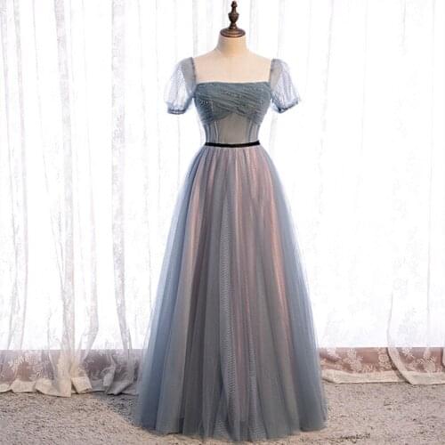 2020 Short Sleeve A-line Evening Dress Robe De Soiree Boat Neck Tulle With Beading Evening Dresses Long Dress Vestido De Festa