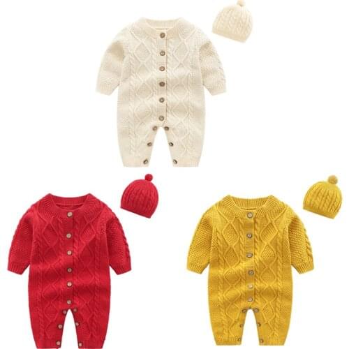Winter Baby Rompers Wholesale Baby Clothes Set Newborn Sweaters Cotton Infant Jumpsuit Toddler Romper+Hat