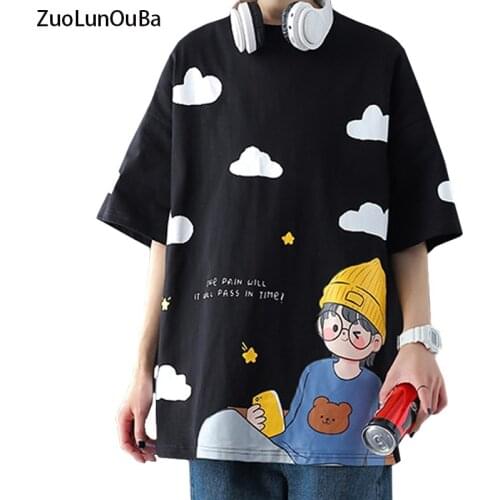 ZuoLunOuBa Summer Casual Cotton Loose Black Women T Shirt Print Cartoon Character Cloud Glasses Boy Pattern Tees Tops Female