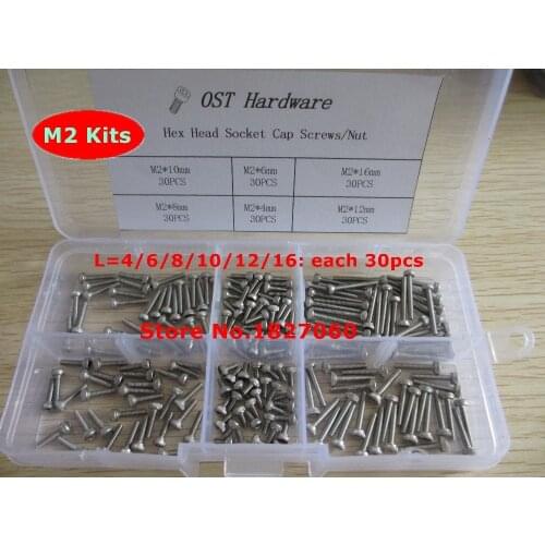 180pcs M2 Screw Kits DIN912 Allen Bolts Hex Socket Head Cap Screw Assortment Kit M2*4/6/8/10/12/16mm