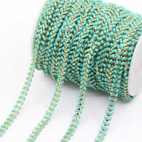 Turquoises Color Lampwork Arrow Shape Beaded Rosary Chains,Plated Gold Enamel Glass Chevrons Link Copper Chain Necklace Jewelry