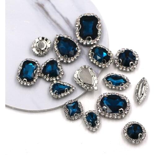 Free shipping Peacockblue mixed shape glass strass flatback sew on crystal button rhinestones for clothing/wedding decoration
