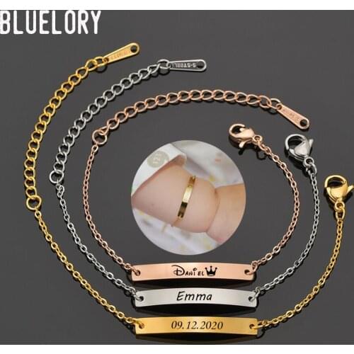 Bluelory Personalized Stainless Steel Name Baby Bracelets Laser Engraved Names Date Word For Kids Newborn Bracelet Birthday Gift