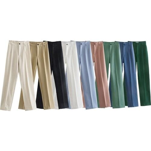 Womens Pants Chic Fashion Office Lady Solid Straight Casual Pants Vintage High Waist Zipper Fly Female Trousers Mujer 2021