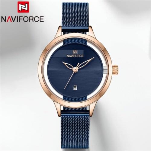 NAVIFORCE New Women Watch Top Brand Luxury Blue Ladies Wristwatch Mesh Stainless Steel Bracelet Date Classic Female Clock 5014