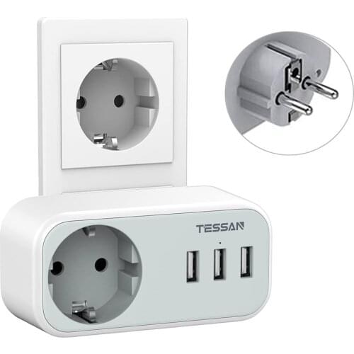 TESSAN Electrical Plug with Socket 3 USB Ports EU Power Adapter Portable Power Strip for European Travel Wall Outlets Plug