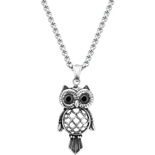 Fate Love Vintage 316L steel owl pendant necklace with BIg Shinning Black stone eyes Style punk Necklace for man and woman