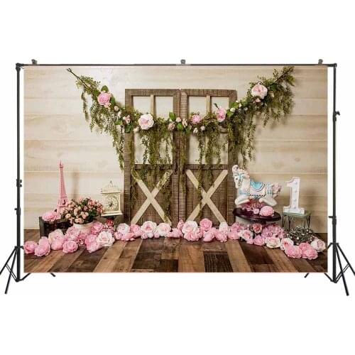 Girl Photography Background Baby 1st Birthday Cake Smash Photoshoot Backdrop Props Spring Pink Flowers Rustic Wood Door Banner
