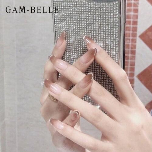 GAM-BELLE Brown Gradient Rhinestones Artificial Nails Tips Long Ellipse Full Cover Press On Nail False Nails Decorations Tools