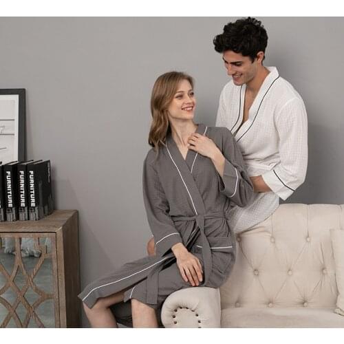 SR122 Summer 100% Cotton Long Thin Absorbent Terry Bath Robe Kimono Men Waffle Towel Bathrobe Plus Sleepwear Women Dressing Gown
