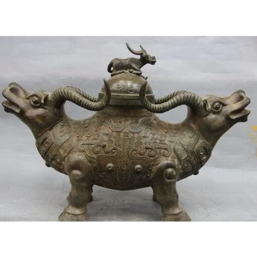 China Dynasty Bronze Copper Bull Cattle Cow OX Jug Pot Bottle Tank Crock kettle 8.02