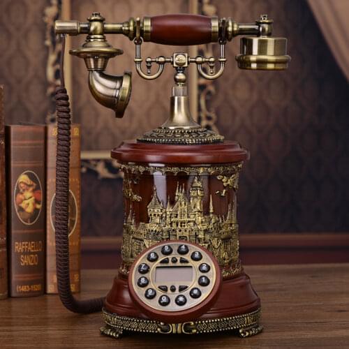 Button Dial Retro Solid Wood Telephone Landline Phone, Bronze Building Pattern, with Caller ID, Backlit, Handsfree for Home
