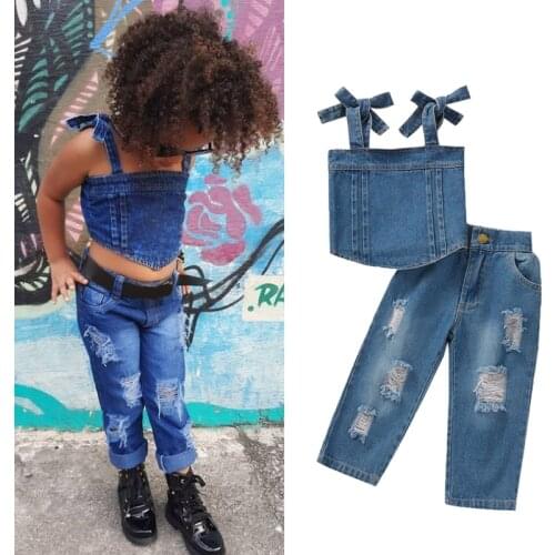 1-6Years Fashion Girls Summer Clothing Sets Children Kids Denim Bandage Crop Tops+Ripped Hole Long Pants Jeans Casual Outfits