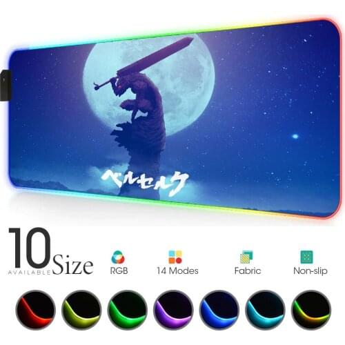 Moon Berserk RGB Mouse Pad Gamer Accessories Large LED MousePad Gaming Desk Mats PC Desk Play Mat with Backlit Rubber computer