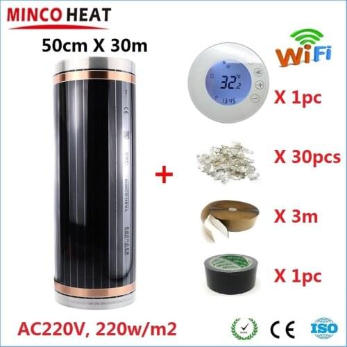 MINCO HEAT 50cmX30m Infrared Korea Floor Heating Film 15m2 220w/m2 Warm Mat Kits with WiFi Thermostat Accessories