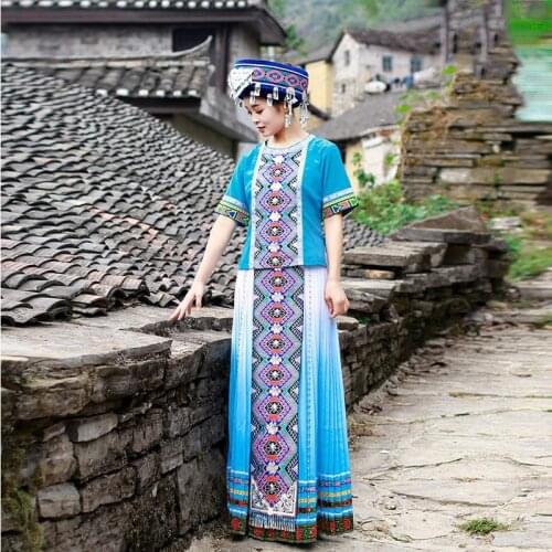 National Dance Costume Women Hmong Clothes Chines Folk Dance party stage wear short sleeve summer Miao clothing