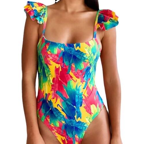 2021 New Sexy Print Ruffle Floral Swimwear Women One Piece Swimsuit Backless Summer Beachwear Bathing Suit Monokini