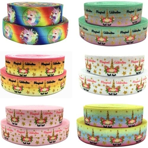New Arrives 5Yards 20mm Unicorn print Fold over elastic bands DIY Headband Girls Ponytails decoration Accessories