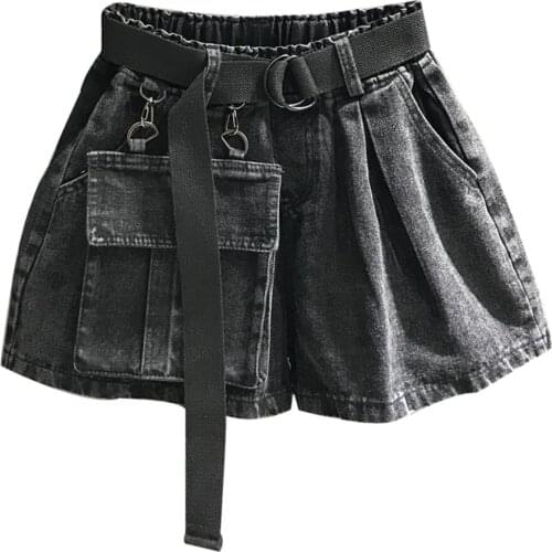 Autumn new fashion elastic high waist large pocket denim shorts women loose wide leg jeans shorts