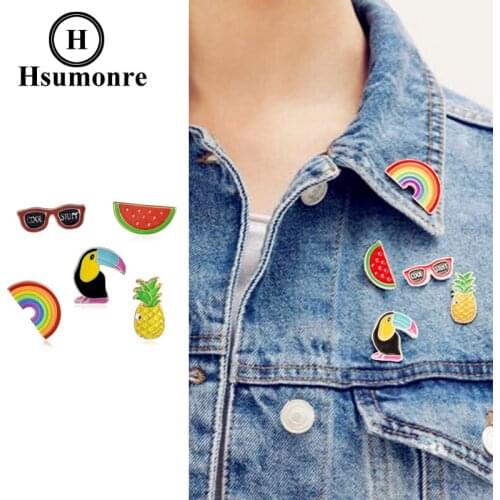 Rainbow Cartoon Cute Brooches Fruit Watermelon Pineapple Crow Sunglasses Lapel Pin Enamel Denim Shirt Pin Badge Jewelry 5pcs/set