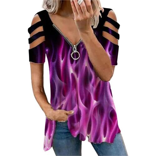 Women Zipper Top For Summer Casual Sexy Butterfly Print Tops T-shirt Hollow Designer V-neck Tee Shirts Female Blusas