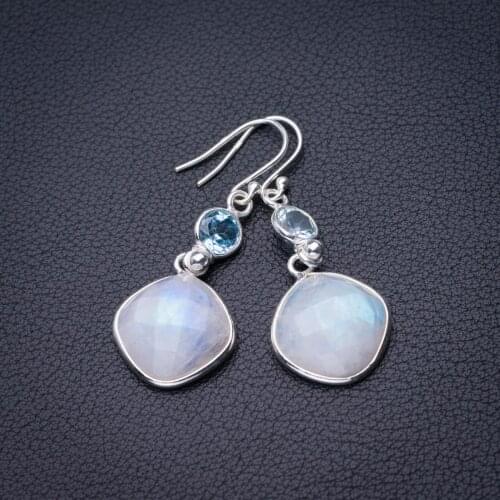 StarGems Natural Rainbow Moonstone And White Topaz Handmade 925 Sterling Silver Earrings 1.75" D6585