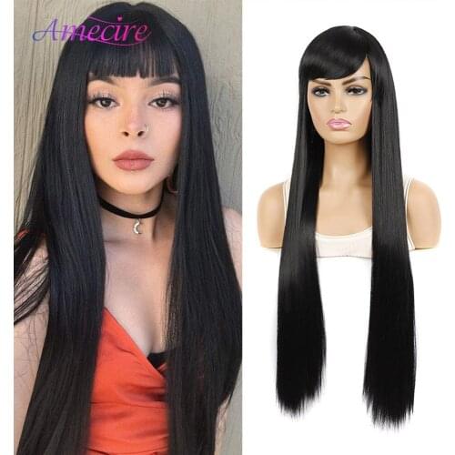 Synthetic Wigs Long Black Straight Wig For Women Heat Resistant Synthetic Wig With Bangs Daily Party Wig